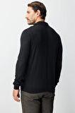 Siyah Standart Fit  Polo Yaka  Düz Uzun Kollu  Triko