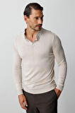 Bej Standart Fit  Polo Yaka  Düz Uzun Kollu  Triko