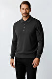 Antrasit Standart Fit Dar Kalıp Polo Yaka Düz Uzun Kollu Triko