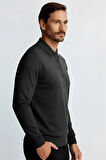 Antrasit Standart Fit Dar Kalıp Polo Yaka Düz Uzun Kollu Triko