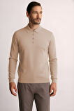 Bej Standart Fit Dar Kalıp Polo Yaka Düz Uzun Kollu  Triko