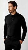 Siyah Standart Fit Dar Kalıp Polo Yaka Düz Uzun Kollu  Rayon Triko