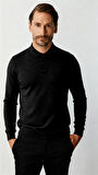 Siyah Standart Fit Dar Kalıp Polo Yaka Düz Uzun Kollu  Rayon Triko