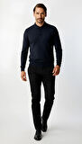 Lacivert Standart Fit Dar Kalıp Polo Yaka Düz Uzun Kollu  Rayon Triko