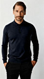 Lacivert Standart Fit Dar Kalıp Polo Yaka Düz Uzun Kollu  Rayon Triko