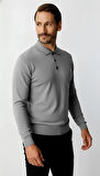 Koyu Gri  Standart Fit Dar Kalıp Polo Yaka Düz Uzun Kollu  Triko