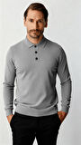 Koyu Gri  Standart Fit Dar Kalıp Polo Yaka Düz Uzun Kollu  Triko