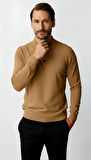 Bej Standart Fit Dar Kalıp Polo Yaka Düz Uzun Kollu  Triko