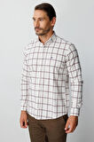 Ekru Dynamic Fit  Düğmeli Yaka  Ekose Uzun Kollu Pamuklu Gömlek