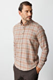Kiremit Dynamic Fit  Düğmeli Yaka  Ekose Uzun Kollu Pamuklu Gömlek