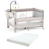 Gulz Beskar Anne Yanı Sallanır Cibinlikli Dönenceli Alt Açmalı Oyun Parkı Bebek Beşik 70X120 cm + YATAK Gri
