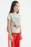 Gri Melanj O Yaka Yazı Baskılı Rahat Form Kısa Kollu Cropped Kız Çocuk T-Shirt - 75118