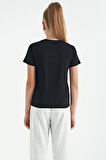 Siyah O Yaka Yazı Baskılı Rahat Form Kısa Kollu Cropped Kız Çocuk T-Shirt - 75118 | 11-12 Yaş