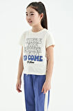 Ekru O Yaka Yazı Baskılı Rahat Form Kısa Kollu Cropped Kız Çocuk T-Shirt - 75118 | 13-14 Yaş