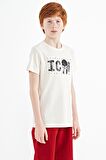 Ekru Ön Yazı Nakışlı O Yaka Standart Kalıp Erkek  Çocuk T-Shirt - 11118 | 8-9 Yaş