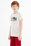 Ekru Ön Yazı Nakışlı O Yaka Standart Kalıp Erkek  Çocuk T-Shirt - 11118 | 8-9 Yaş