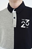 Gri Melanj Renk Bloklu Nakış Detaylı Standart Kalıp Polo Yaka Erkek Çocuk T-Shirt - 11108