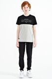 Gri Melanj Yazı Baskılı Renk Bloklu Standart Kalıp O Yaka Erkek Çocuk T-Shirt - 11134