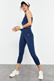 İndigo Yüksek Bel Kapri-Crop Atlet Slim Fit Kadın Tayt Takım - 95284 | XL