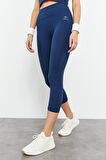 İndigo Yüksek Bel Kapri-Crop Atlet Slim Fit Kadın Tayt Takım - 95284 | XL