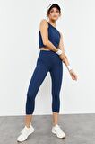İndigo Yüksek Bel Kapri-Crop Atlet Slim Fit Kadın Tayt Takım - 95284 | XL