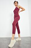 Bordo Yüksek Bel Kapri-Crop Atlet Slim Fit Kadın Tayt Takım - 95284 | M