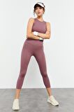 Gül Kurusu Yüksek Bel Kapri-Crop Atlet Slim Fit Kadın Tayt Takım - 95284 | S