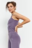 Eflatun Yüksek Bel Kapri-Crop Atlet Slim Fit Kadın Tayt Takım - 95284 | M