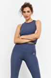Petrol Yüksek Bel Kapri-Crop Atlet Slim Fit Kadın Tayt Takım - 95284 | XL
