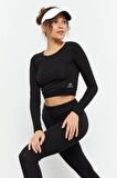 Siyah Yüksek Bel Uzun Kollu Slim Fit Crop Top Kadın Tayt Takım - 95286 | L