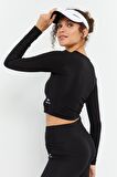 Siyah Yüksek Bel Uzun Kollu Slim Fit Crop Top Kadın Tayt Takım - 95286 | L