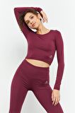 Bordo Yüksek Bel Uzun Kollu Slim Fit Crop Top Kadın Tayt Takım - 95286 | XL