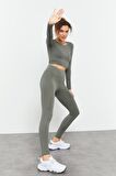 Çağla Yüksek Bel Uzun Kollu Slim Fit Crop Top Kadın Tayt Takım - 95286 | XL