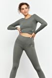 Çağla Yüksek Bel Uzun Kollu Slim Fit Crop Top Kadın Tayt Takım - 95286 | XL