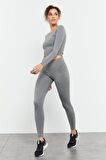 Gri Melanj Yüksek Bel Uzun Kollu Slim Fit Crop Top Kadın Tayt Takım - 95286 | XL