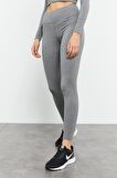 Gri Melanj Yüksek Bel Uzun Kollu Slim Fit Crop Top Kadın Tayt Takım - 95286 | XL