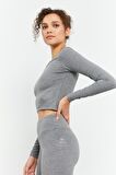 Gri Melanj Yüksek Bel Uzun Kollu Slim Fit Crop Top Kadın Tayt Takım - 95286 | XL