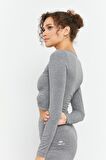 Gri Melanj Yüksek Bel Uzun Kollu Slim Fit Crop Top Kadın Tayt Takım - 95286 | XL