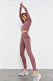 Gül Kurusu Yüksek Bel Uzun Kollu Slim Fit Crop Top Kadın Tayt Takım - 95286 | M