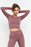 Gül Kurusu Yüksek Bel Uzun Kollu Slim Fit Crop Top Kadın Tayt Takım - 95286 | M