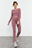 Gül Kurusu Yüksek Bel Uzun Kollu Slim Fit Crop Top Kadın Tayt Takım - 95286 | M