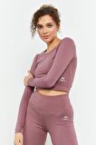 Gül Kurusu Yüksek Bel Uzun Kollu Slim Fit Crop Top Kadın Tayt Takım - 95286 | M