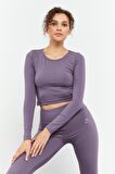 Eflatun Yüksek Bel Uzun Kollu Slim Fit Crop Top Kadın Tayt Takım - 95286 | M