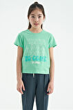 Su Yeşili O Yaka Yazı Baskılı Rahat Form Kısa Kollu Cropped Kız Çocuk T-Shirt - 75118 | 14-15 Yaş
