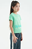Su Yeşili O Yaka Yazı Baskılı Rahat Form Kısa Kollu Cropped Kız Çocuk T-Shirt - 75118 | 14-15 Yaş