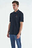Lacivert Yazı Nakışlı Baskı Detaylı Standart Kalıp Polo Yaka Erkek T-Shirt - 88239