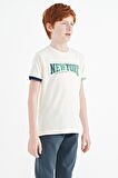 Ekru Yazı Baskılı Standart Kalıp O Yaka Erkek  Çocuk T-Shirt - 11105 | 10-11 Yaş