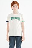 Ekru Yazı Baskılı Standart Kalıp O Yaka Erkek  Çocuk T-Shirt - 11105 | 12-13 Yaş