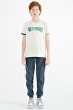 Ekru Yazı Baskılı Standart Kalıp O Yaka Erkek  Çocuk T-Shirt - 11105 | 12-13 Yaş