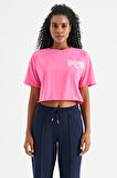 Şeker Pembe Baskılı Düşük Kol Detaylı Oversize Kadın Crop T-Shirt - 02179 | L